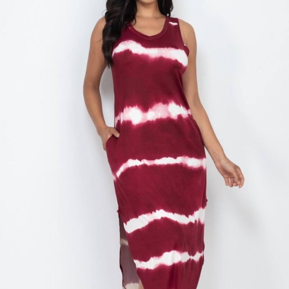 Burgundy Tie Dye Printed Maxi Dress